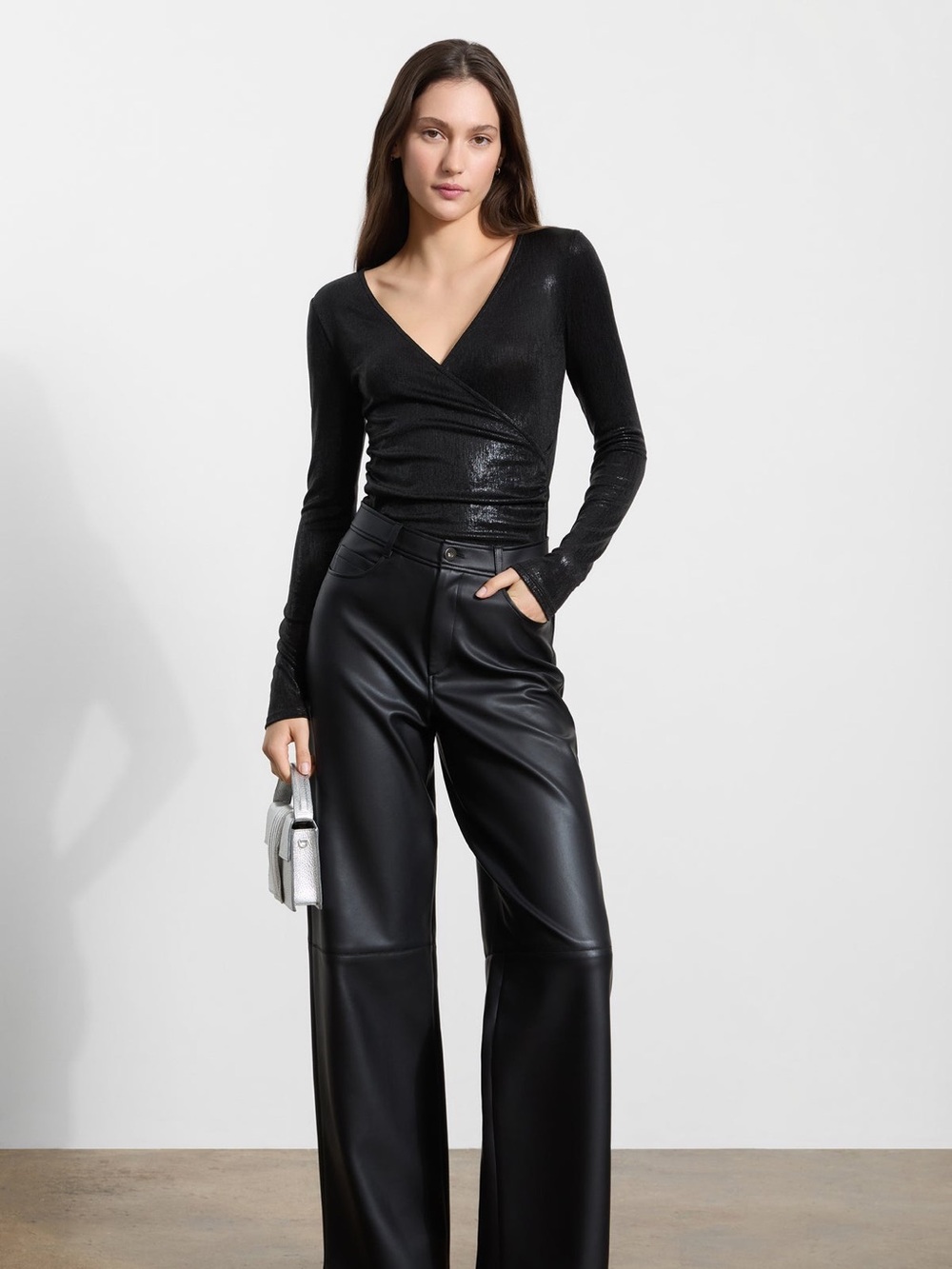 Marcella NYC Dulce Metallic Top Sparkly Lurex Long-Sleeve Wrap Top - Picture 3 of 10